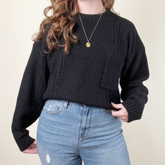 Vintage Cable Knit Oversized Wool Cotton Sweater Chunky Cozy Aran Preppy Pocket - Picture 3 of 8